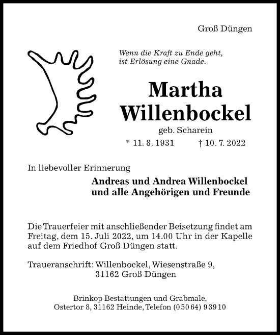 Traueranzeige von Martha Willenbockel von Hildesheimer Allgemeine Zeitung