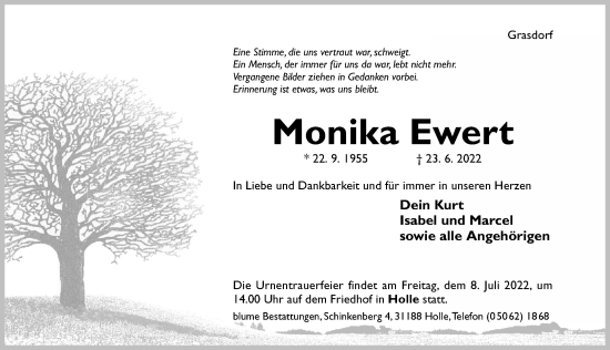 Traueranzeige von Monika Ewert von Hildesheimer Allgemeine Zeitung