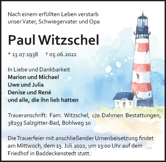 Traueranzeige von Paul Witzschel von Hildesheimer Allgemeine Zeitung