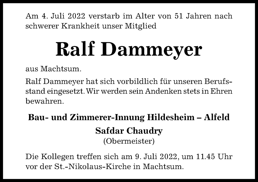  Traueranzeige für Ralf Dammeyer vom 08.07.2022 aus Hildesheimer Allgemeine Zeitung