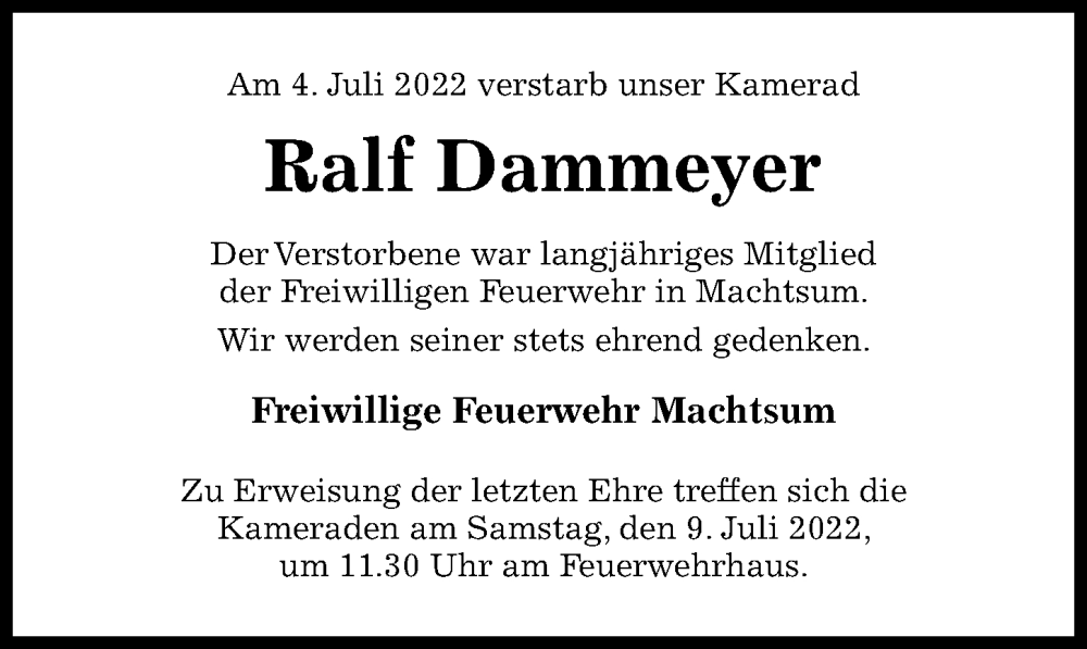  Traueranzeige für Ralf Dammeyer vom 07.07.2022 aus Hildesheimer Allgemeine Zeitung