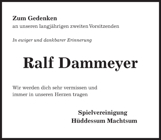 Traueranzeige von Ralf Dammeyer von Hildesheimer Allgemeine Zeitung