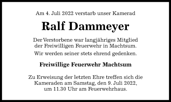 Traueranzeige von Ralf Dammeyer von Hildesheimer Allgemeine Zeitung