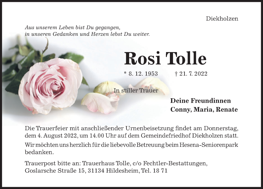  Traueranzeige für Rosi Tolle vom 30.07.2022 aus Hildesheimer Allgemeine Zeitung