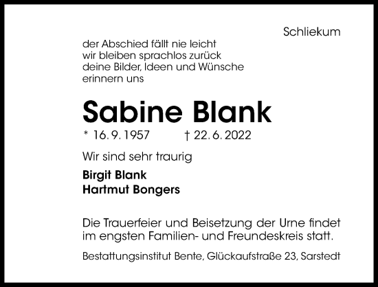 Traueranzeige von Sabine Blank von Hildesheimer Allgemeine Zeitung