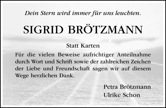 Traueranzeige von Sigrid Brötzmann von Hildesheimer Allgemeine Zeitung