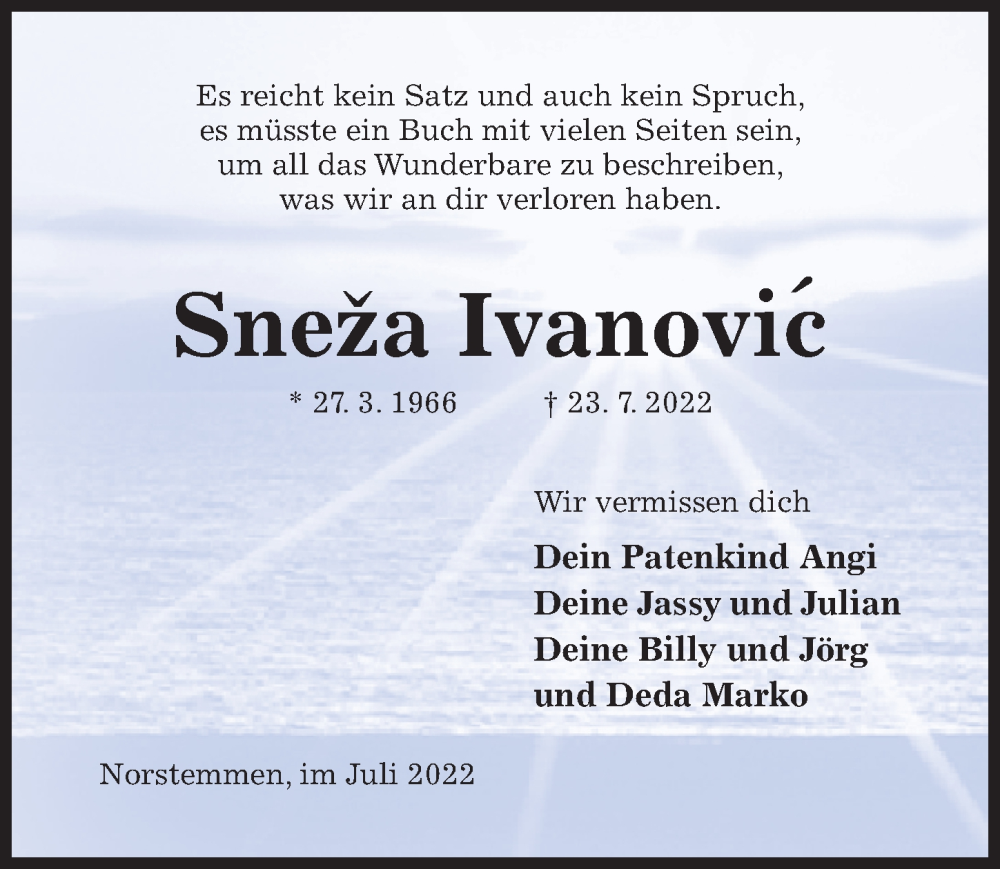  Traueranzeige für Snezana Ivanovic vom 27.07.2022 aus Hildesheimer Allgemeine Zeitung