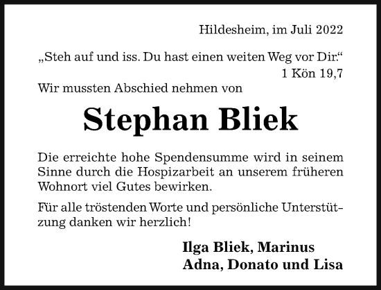 Traueranzeige von Stephan Bliek von Hildesheimer Allgemeine Zeitung