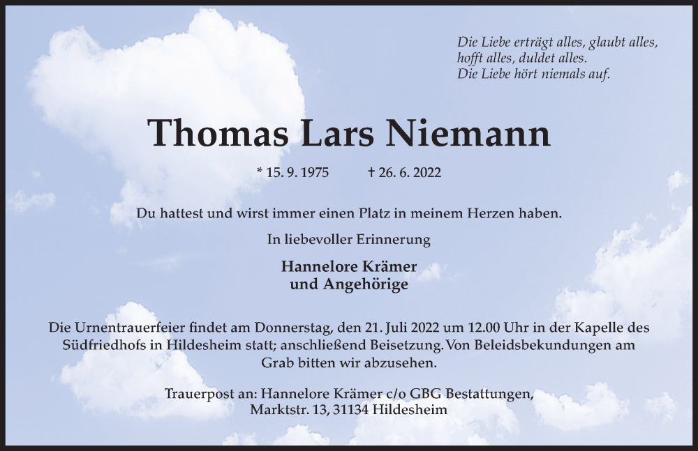  Traueranzeige für Thomas Lars Niemann vom 16.07.2022 aus Hildesheimer Allgemeine Zeitung