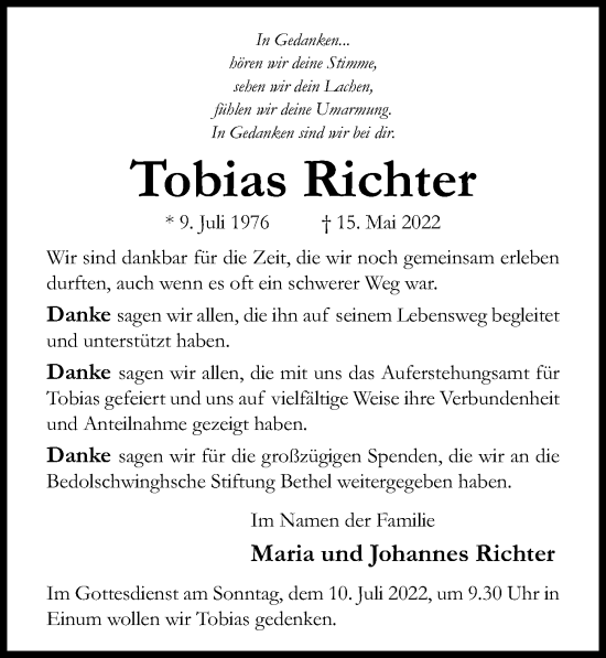 Traueranzeige von Tobias Richter von Hildesheimer Allgemeine Zeitung