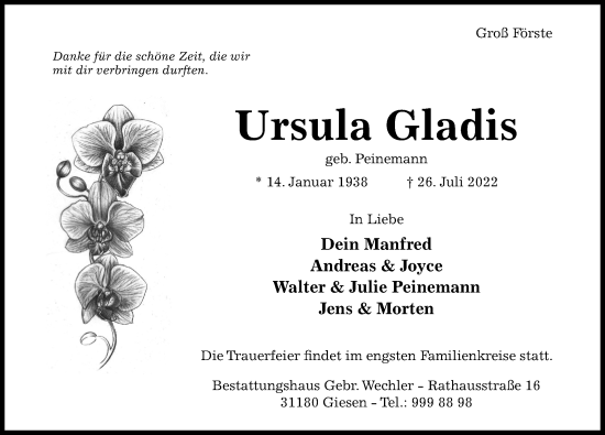 Traueranzeige von Ursula Gladis von Hildesheimer Allgemeine Zeitung