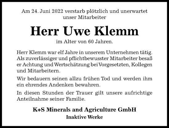 Traueranzeige von Uwe Klemm von Hildesheimer Allgemeine Zeitung