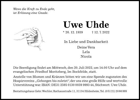 Traueranzeige von Uwe Uhde von Hildesheimer Allgemeine Zeitung