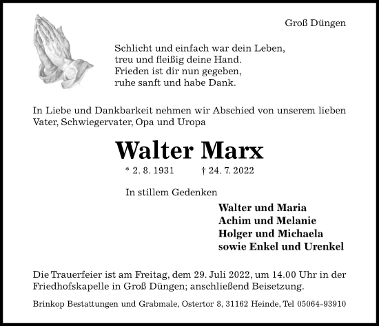 Traueranzeige von Walter Marx von Hildesheimer Allgemeine Zeitung