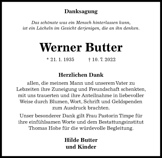 Traueranzeige von Werner Butter von Hildesheimer Allgemeine Zeitung