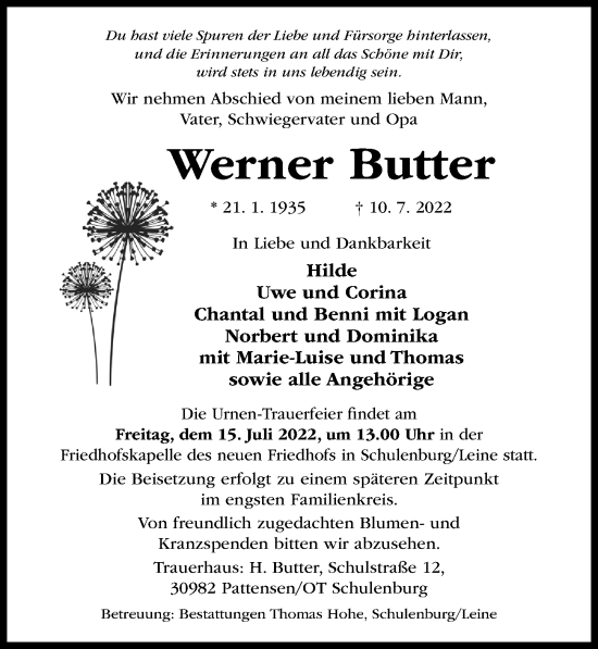 Traueranzeige von Werner Butter von Hildesheimer Allgemeine Zeitung