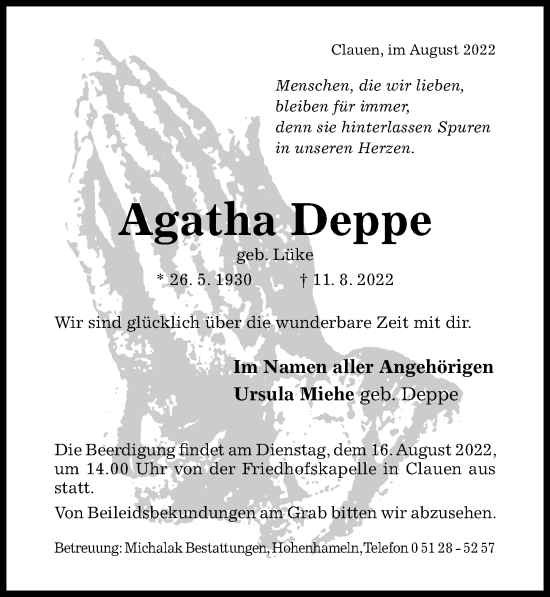 Traueranzeige von Agatha Deppe von Hildesheimer Allgemeine Zeitung