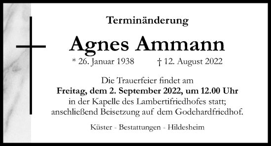 Traueranzeige von Agnes Ammann von Hildesheimer Allgemeine Zeitung