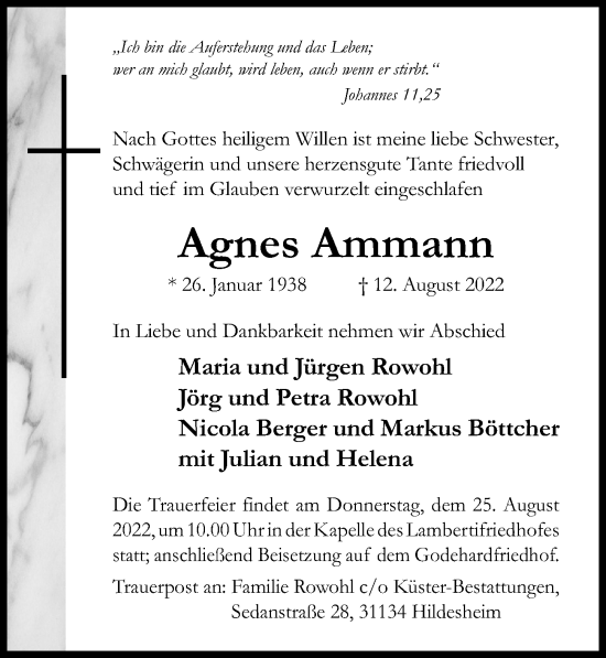 Traueranzeige von Agnes Ammann von Hildesheimer Allgemeine Zeitung