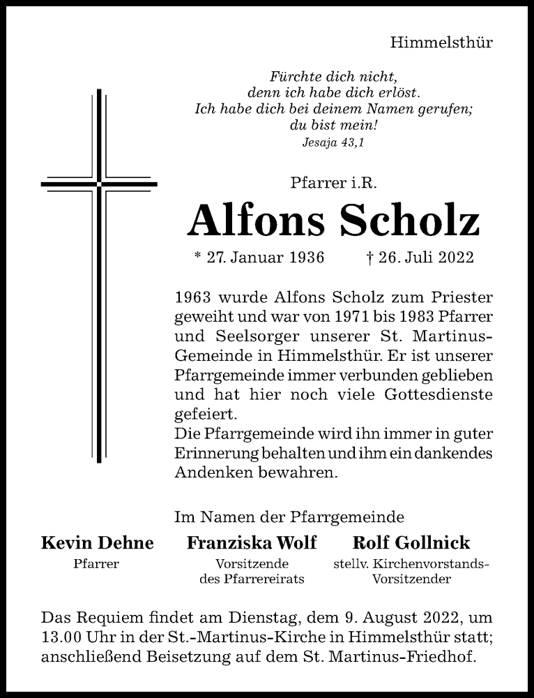  Traueranzeige für Alfons Scholz vom 06.08.2022 aus Hildesheimer Allgemeine Zeitung