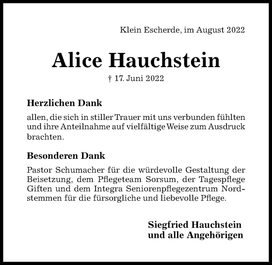 Traueranzeige von Alice Hauchstein von Hildesheimer Allgemeine Zeitung