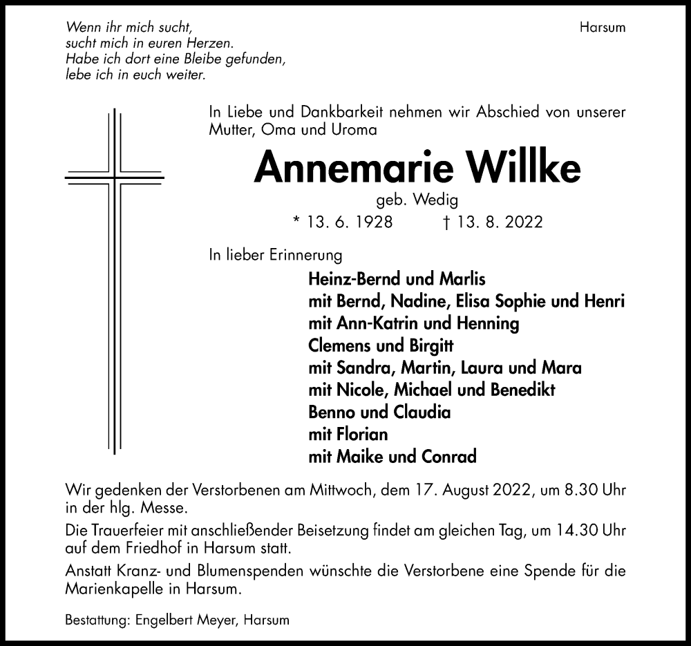  Traueranzeige für Annemarie Willke vom 16.08.2022 aus Hildesheimer Allgemeine Zeitung
