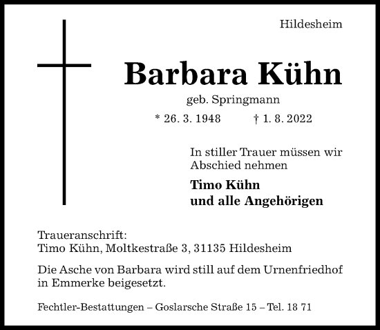 Traueranzeige von Barbara Kühn von Hildesheimer Allgemeine Zeitung