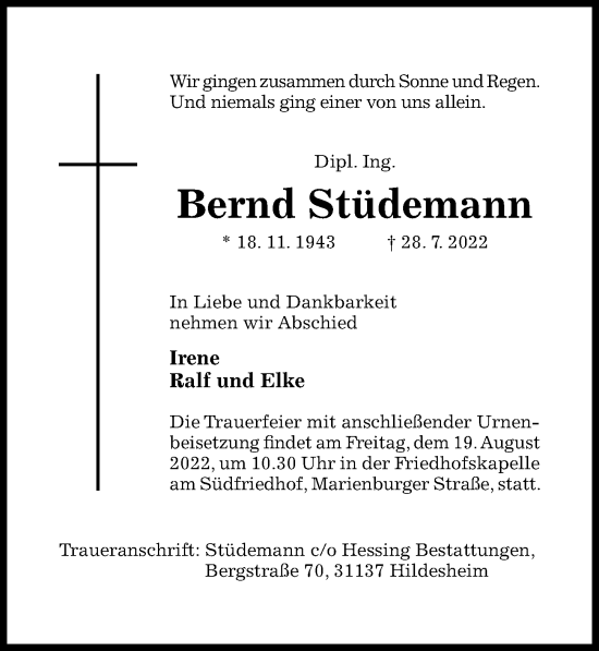 Traueranzeige von Bernd Stüdemann von Hildesheimer Allgemeine Zeitung
