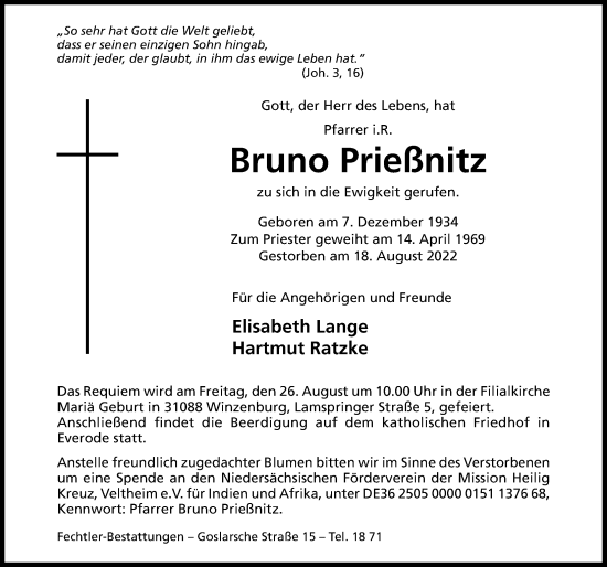 Traueranzeige von Bruno Prießnitz von Hildesheimer Allgemeine Zeitung