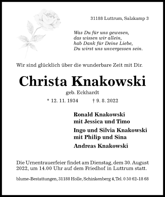 Traueranzeige von Christa Knakowski von Hildesheimer Allgemeine Zeitung