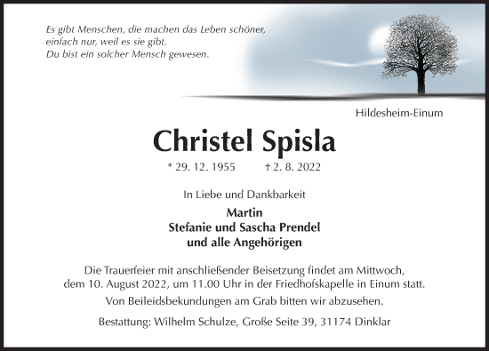 Traueranzeige von Christel Spisla von Hildesheimer Allgemeine Zeitung