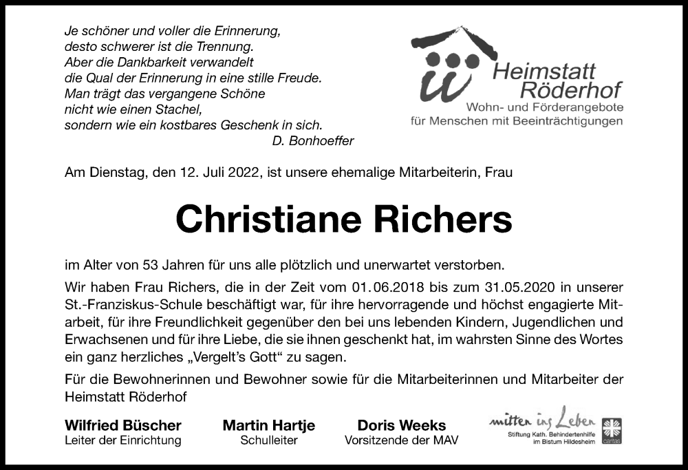  Traueranzeige für Christiane Richers vom 03.08.2022 aus Hildesheimer Allgemeine Zeitung