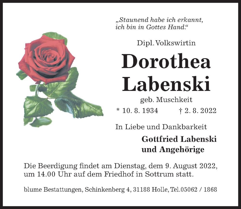  Traueranzeige für Dorothea Labenski vom 05.08.2022 aus Hildesheimer Allgemeine Zeitung