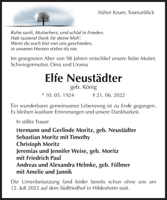 Traueranzeige von Elfe Neustädter von Hildesheimer Allgemeine Zeitung