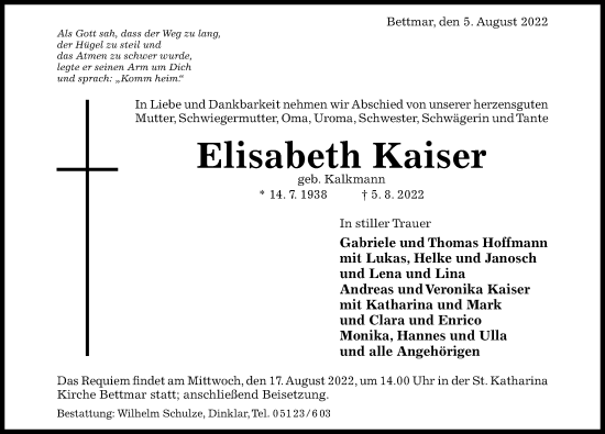 Traueranzeige von Elisabeth Kaiser von Hildesheimer Allgemeine Zeitung