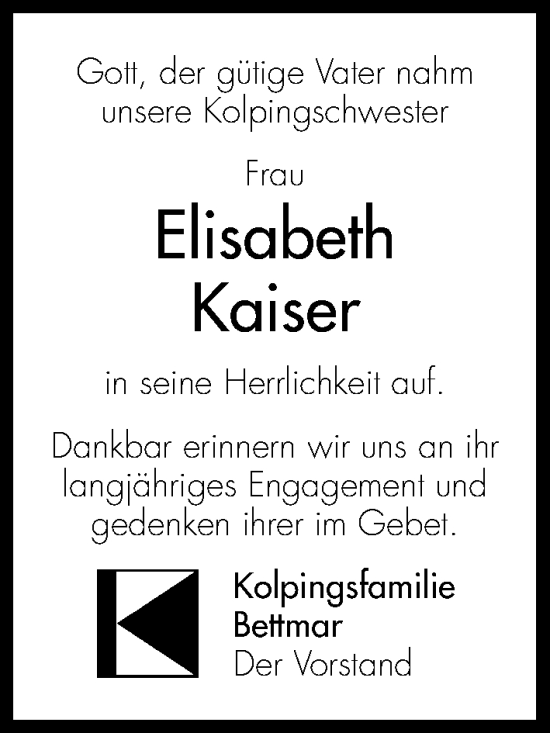 Traueranzeige von Elisabeth Kaiser von Hildesheimer Allgemeine Zeitung