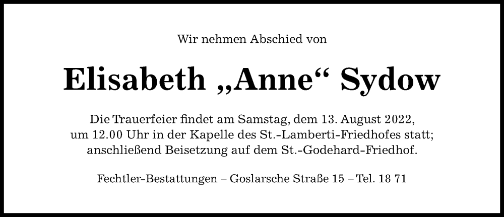  Traueranzeige für Elisabeth Sydow vom 06.08.2022 aus Hildesheimer Allgemeine Zeitung