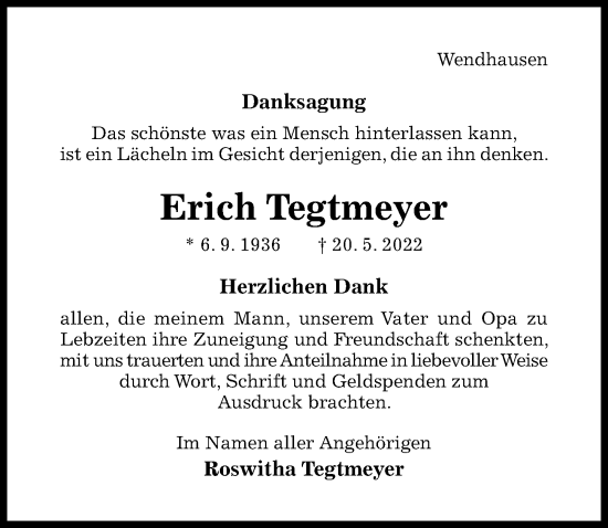 Traueranzeige von Erich Tegtmeyer von Hildesheimer Allgemeine Zeitung