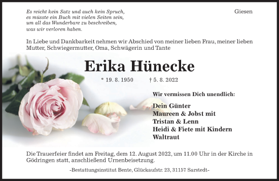 Traueranzeige von Erika Hünecke von Hildesheimer Allgemeine Zeitung