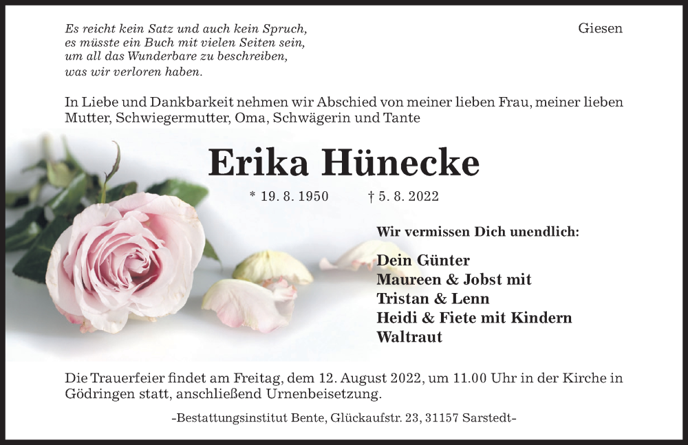  Traueranzeige für Erika Hünecke vom 06.08.2022 aus Hildesheimer Allgemeine Zeitung