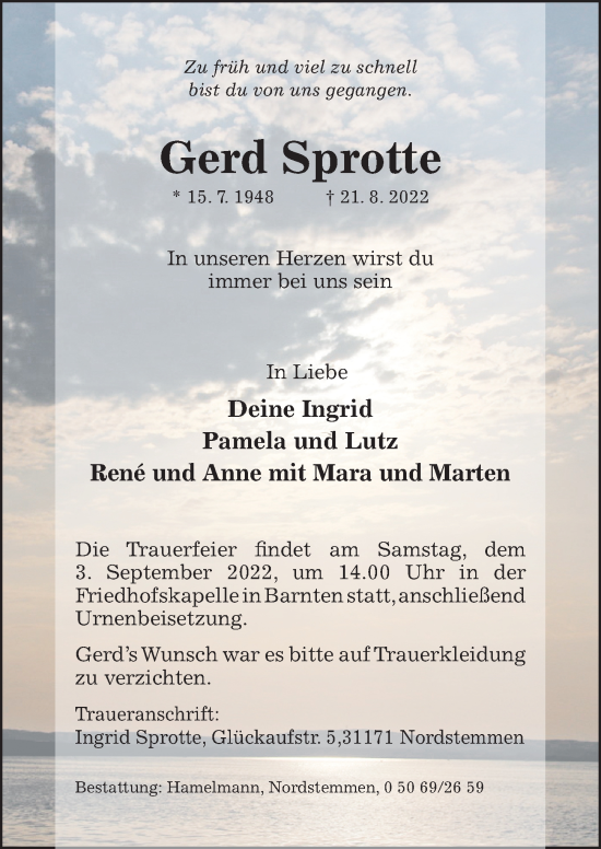 Traueranzeige von Gerd Sprotte von Hildesheimer Allgemeine Zeitung