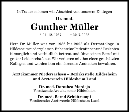 Traueranzeige von Gunther Müller von Hildesheimer Allgemeine Zeitung