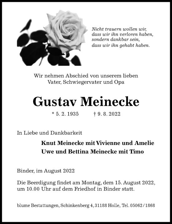 Traueranzeige von Gustav Meinecke von Hildesheimer Allgemeine Zeitung