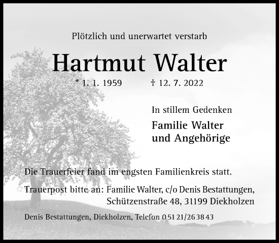 Traueranzeige von Hartmut Walter von Hildesheimer Allgemeine Zeitung