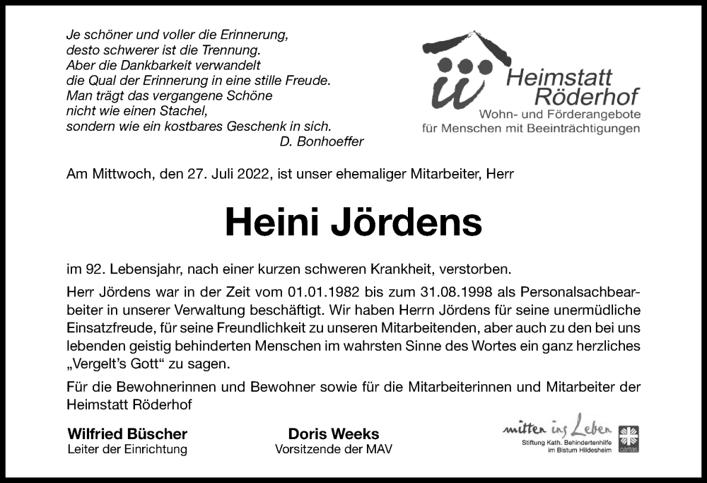  Traueranzeige für Heini Jördens vom 03.08.2022 aus Hildesheimer Allgemeine Zeitung