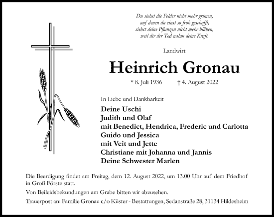 Traueranzeige von Heinrich Gronau von Hildesheimer Allgemeine Zeitung