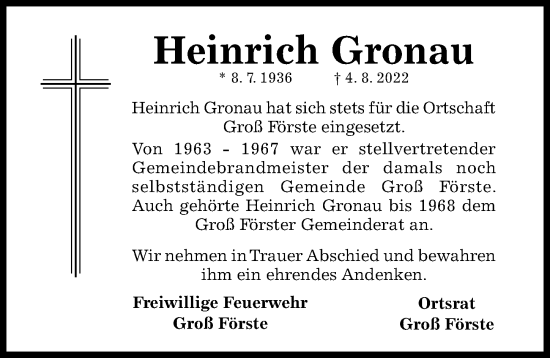 Traueranzeige von Heinrich Gronau von Hildesheimer Allgemeine Zeitung