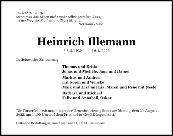 Traueranzeige von Heinrich Illemann von Hildesheimer Allgemeine Zeitung