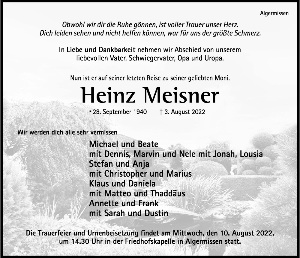 Traueranzeige für Heinz Meisner vom 06.08.2022 aus Hildesheimer Allgemeine Zeitung