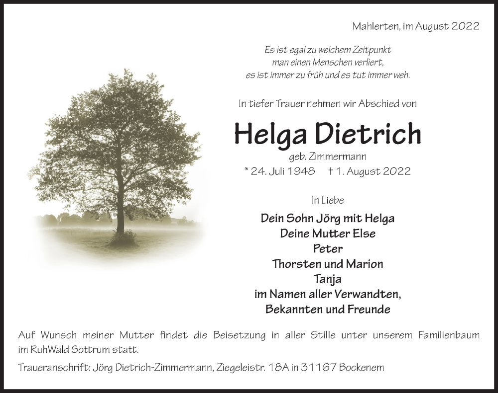  Traueranzeige für Helga Dietrich vom 06.08.2022 aus Hildesheimer Allgemeine Zeitung